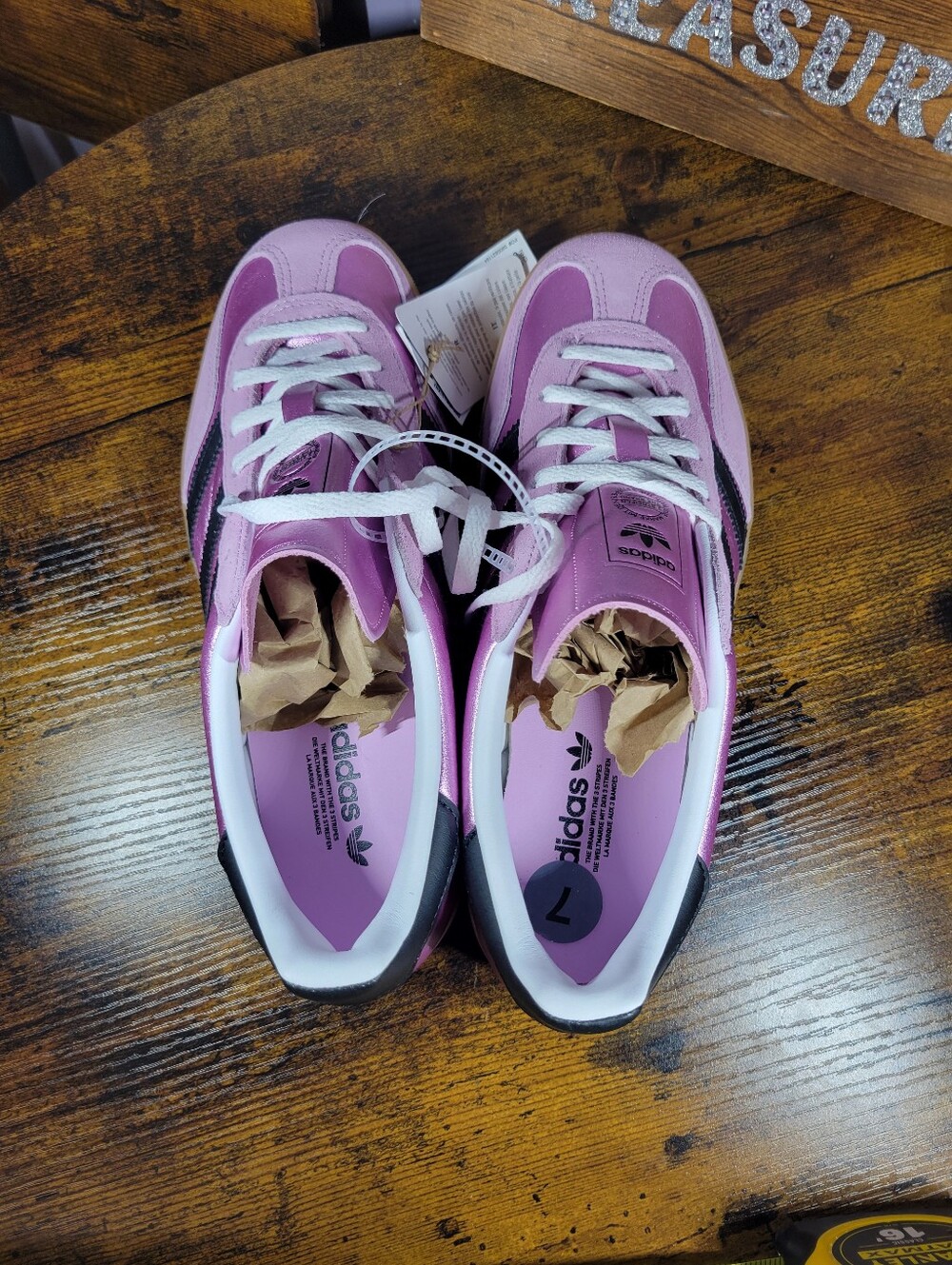 Adidas Gazelle Metallic Pink Sneakers with Black Stripes - Picture 3 of 14